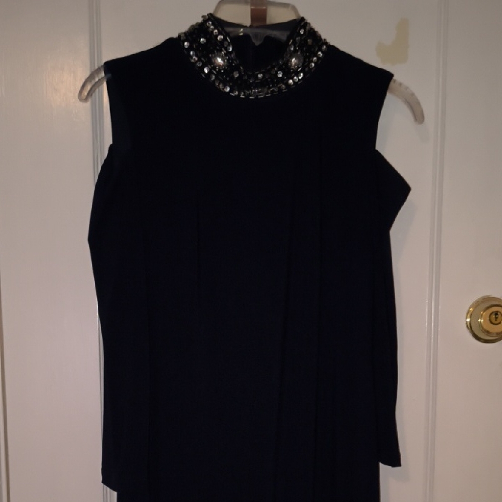 Blu Sage | Blue Midi Dress with Embellished Collar (40 Inches In Length)